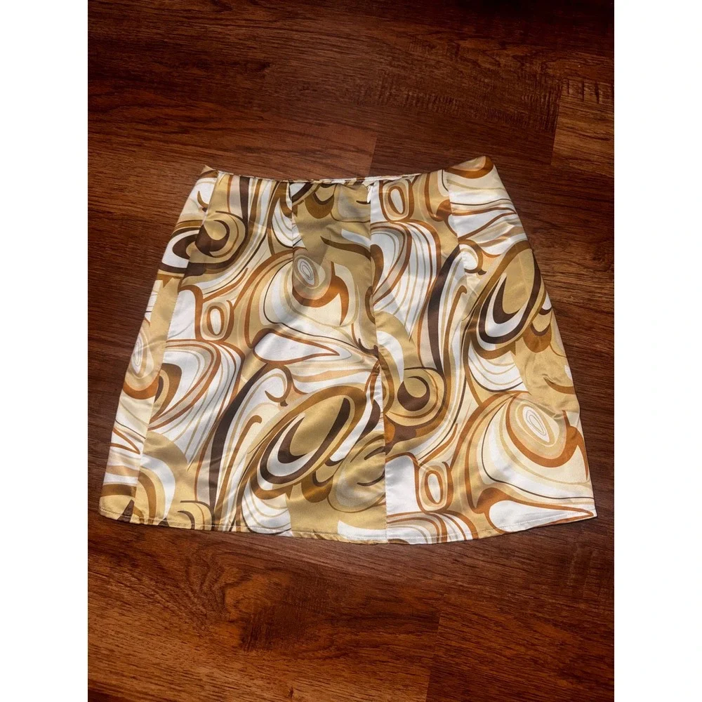 Princess Polly Brown Gold Swirl Print Satin Mini Skirt Retro 70s Style Size 2